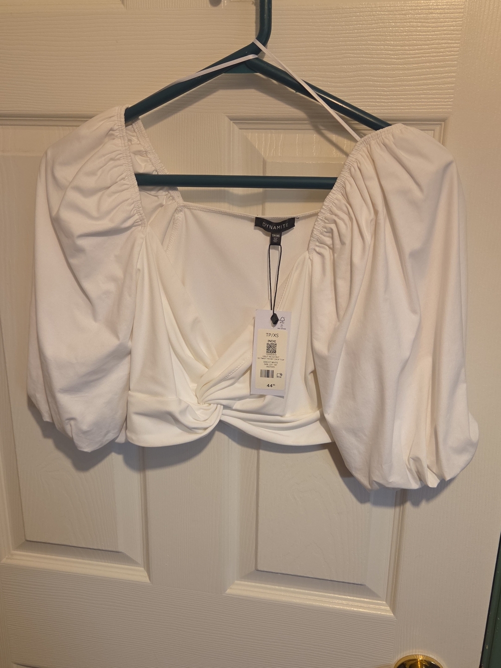 Dynamite White Puff-Sleeve Twist Crop Top